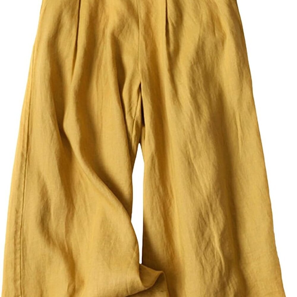 Stylish Women's Yellow Culottes - Elastic Waist Wide Leg Cotton-Linen Pants